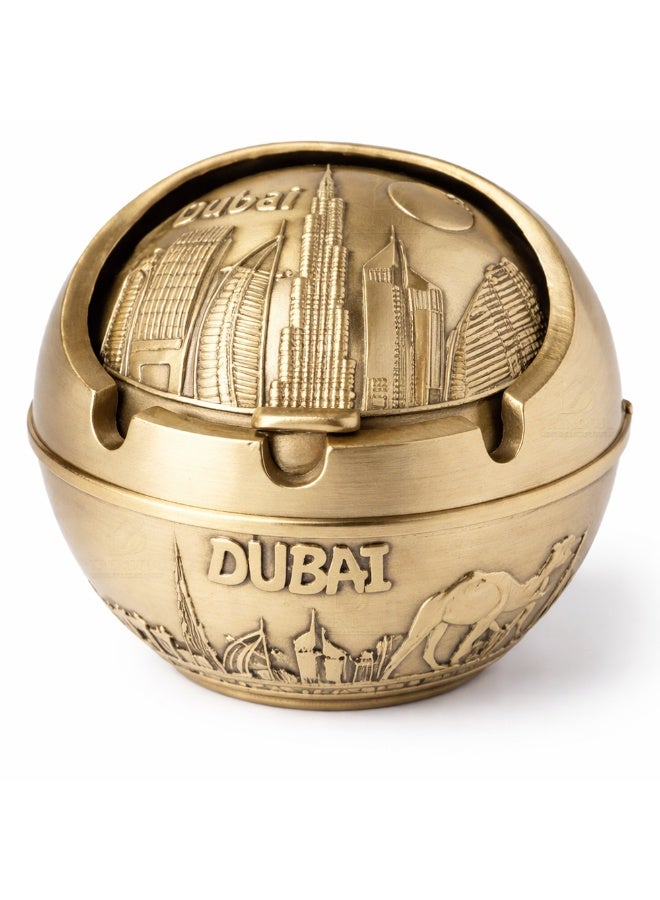 منفضة سجائر كلاسيكية مزخرفة, حامل سجائر بتصميم دبي والقلعة مع غطاء دوار | تحفة فنية من السبائك عالية الجودة لديكور المنزل والمكاتب والفنادق (ذهبي) - Image 1